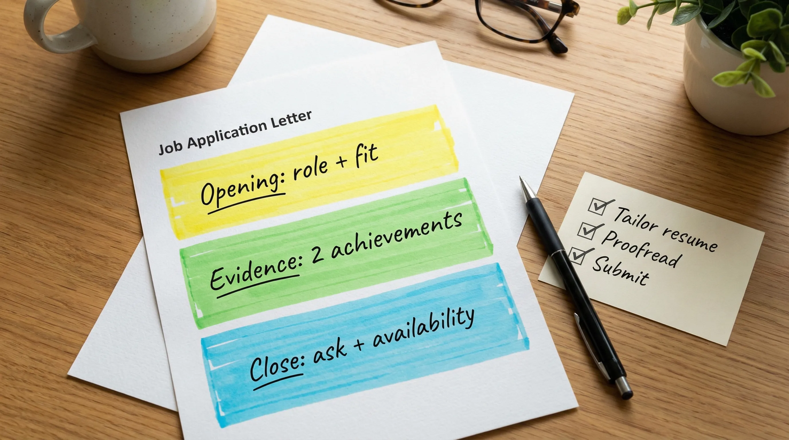 A clean one-page job application letter layout on a desk, with three highlighted sections labeled “Opening: role + fit”, “Evidence: 2 achievements”, and “Close: ask + availability”, alongside a pen and a simple checklist card.