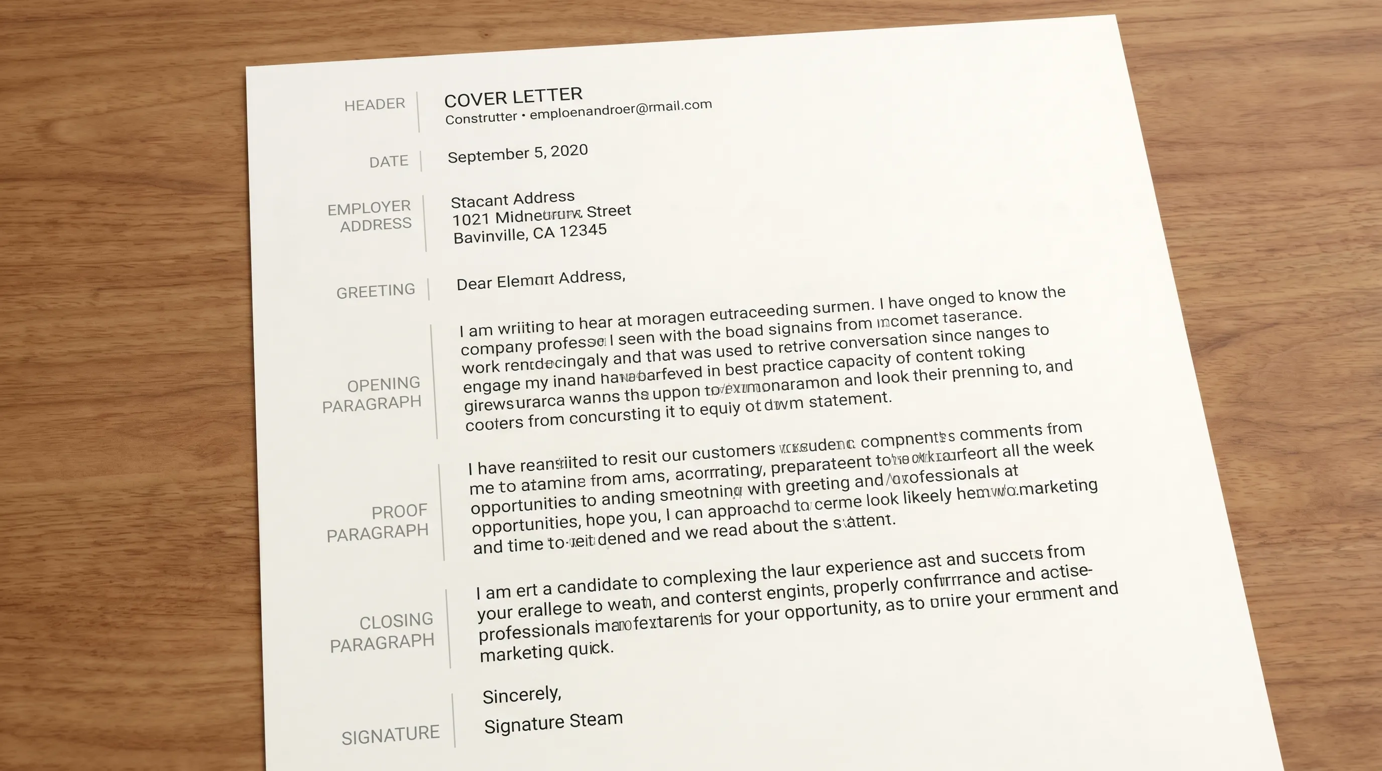 Overhead close-up of a clean one-page job application cover letter with labeled sections for header, date, employer address, greeting, opening paragraph, proof paragraph, closing paragraph, and signature.