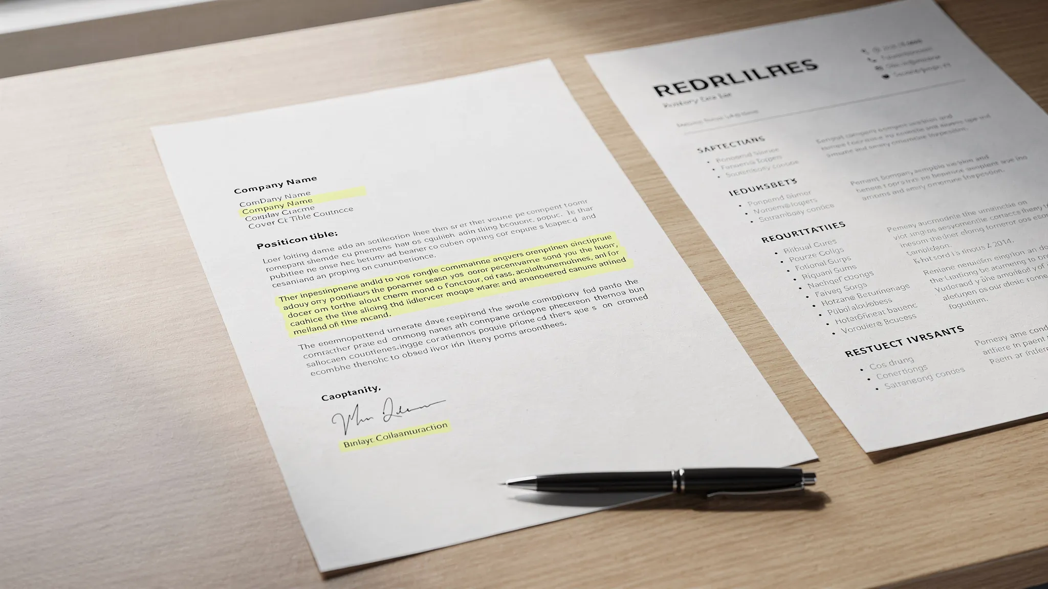 A clean printed cover letter on a desk with highlighted placeholder sections, a pen, and a resume beside it, showing a simple professional layout ready to edit.
