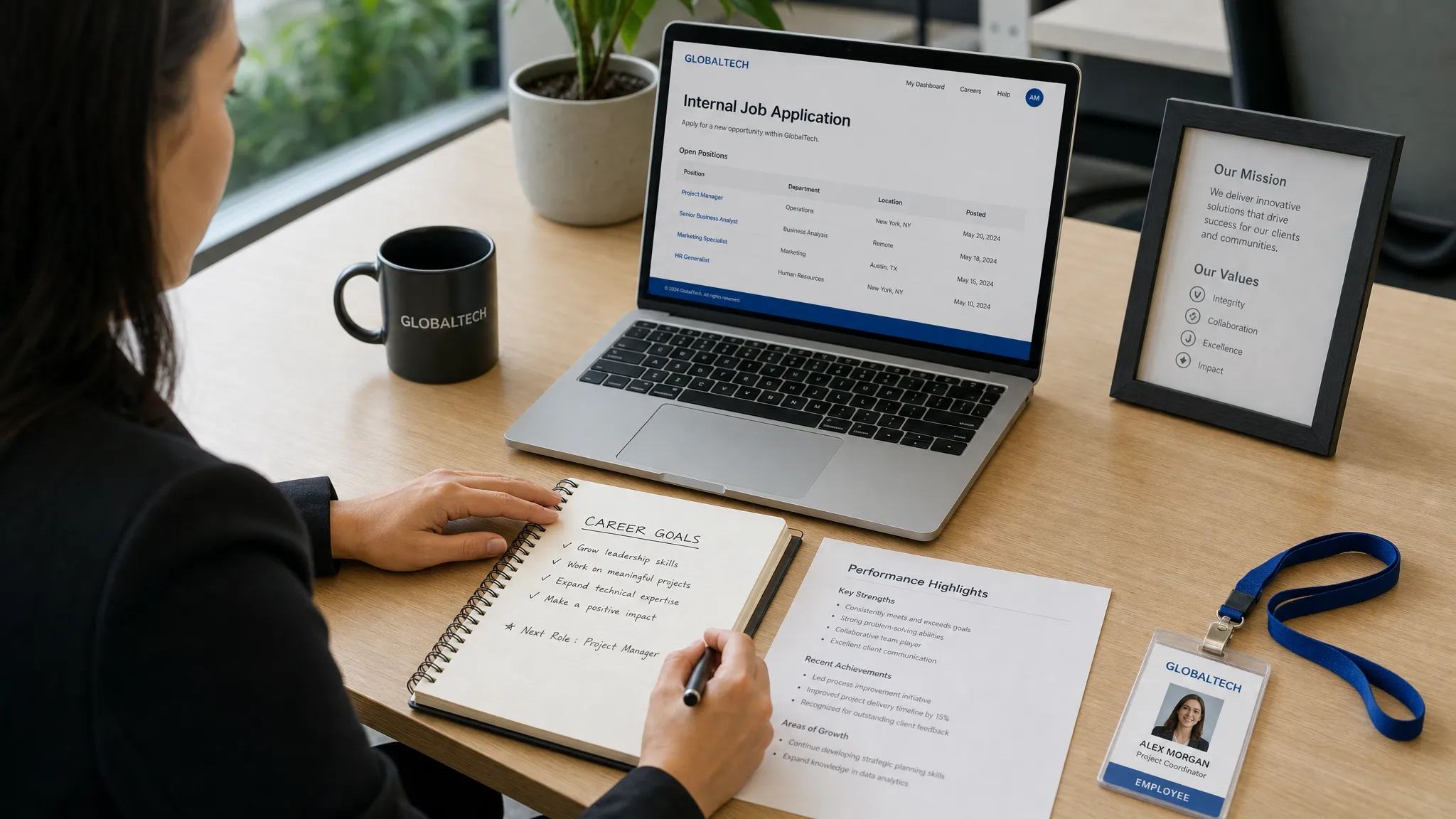 A professional employee preparing an internal job application at a clean office desk, with a notebook showing career goals, printed performance notes, and a company badge placed beside a laptop facing the correct direction.
