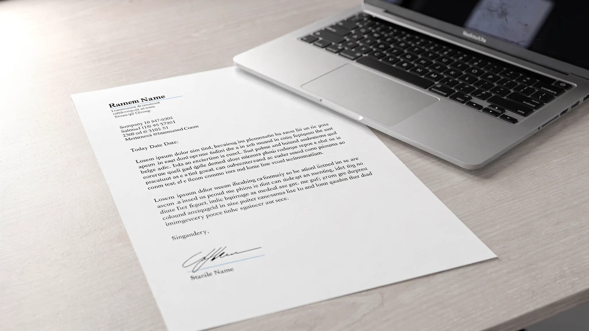 A clean professional business cover letter on a desk beside a laptop, showing a left-aligned header, date, recipient block, short paragraphs, and signature area.