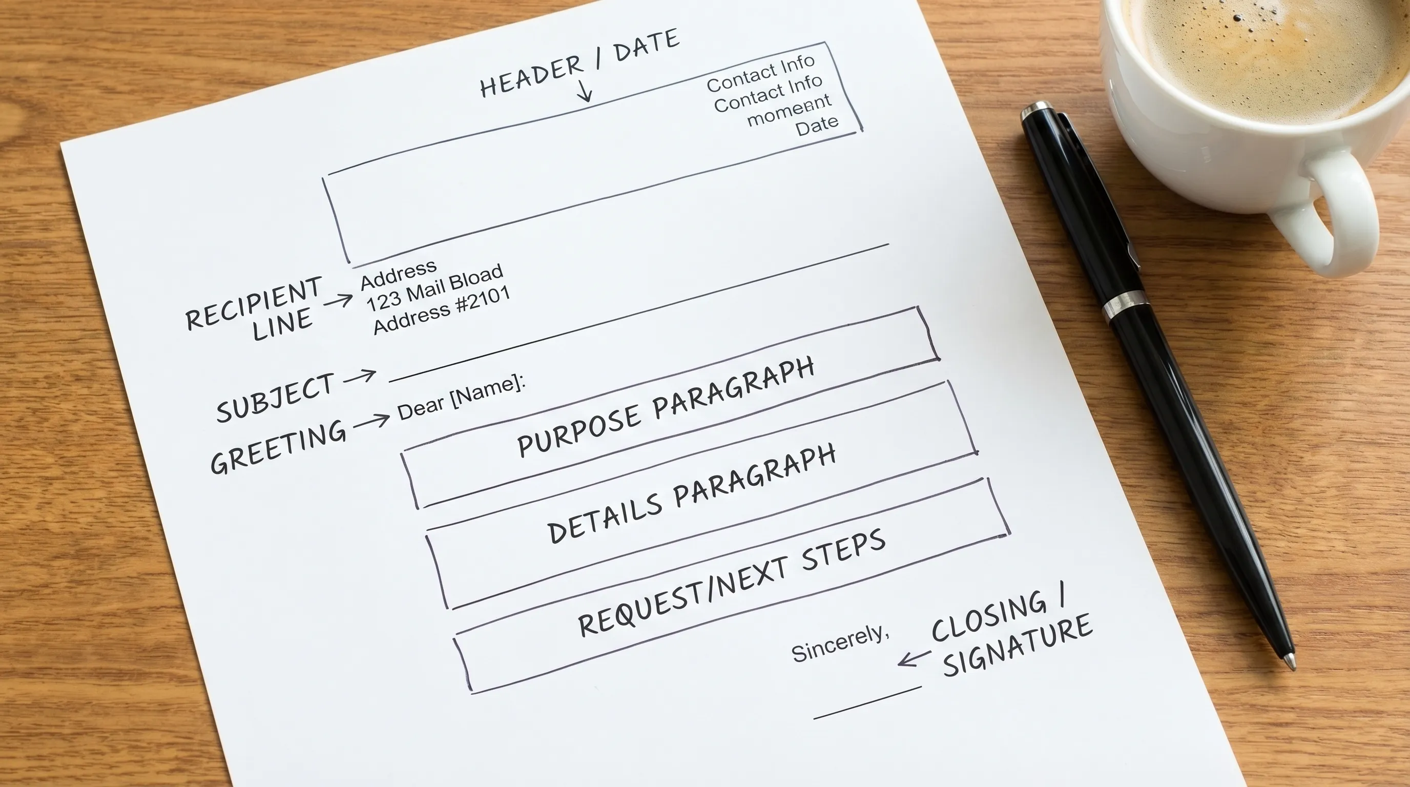 A simple annotated diagram of a professional work letter layout showing the key parts: header/date, recipient line, subject, greeting, purpose paragraph, details paragraph, request/next steps, and closing/signature.